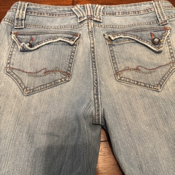 Vintage No Boundaries Juniors Low Rise Bootcut Blue Jeans Y2K Size 11 Red Stitch - Picture 7 of 9